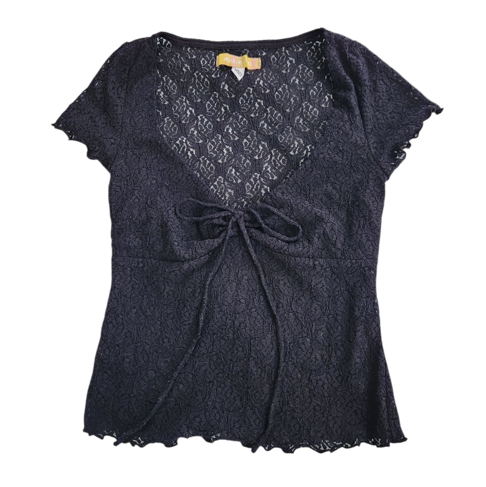 Urban Outfitters Black Lace Tie-Front Short Sleeve Top